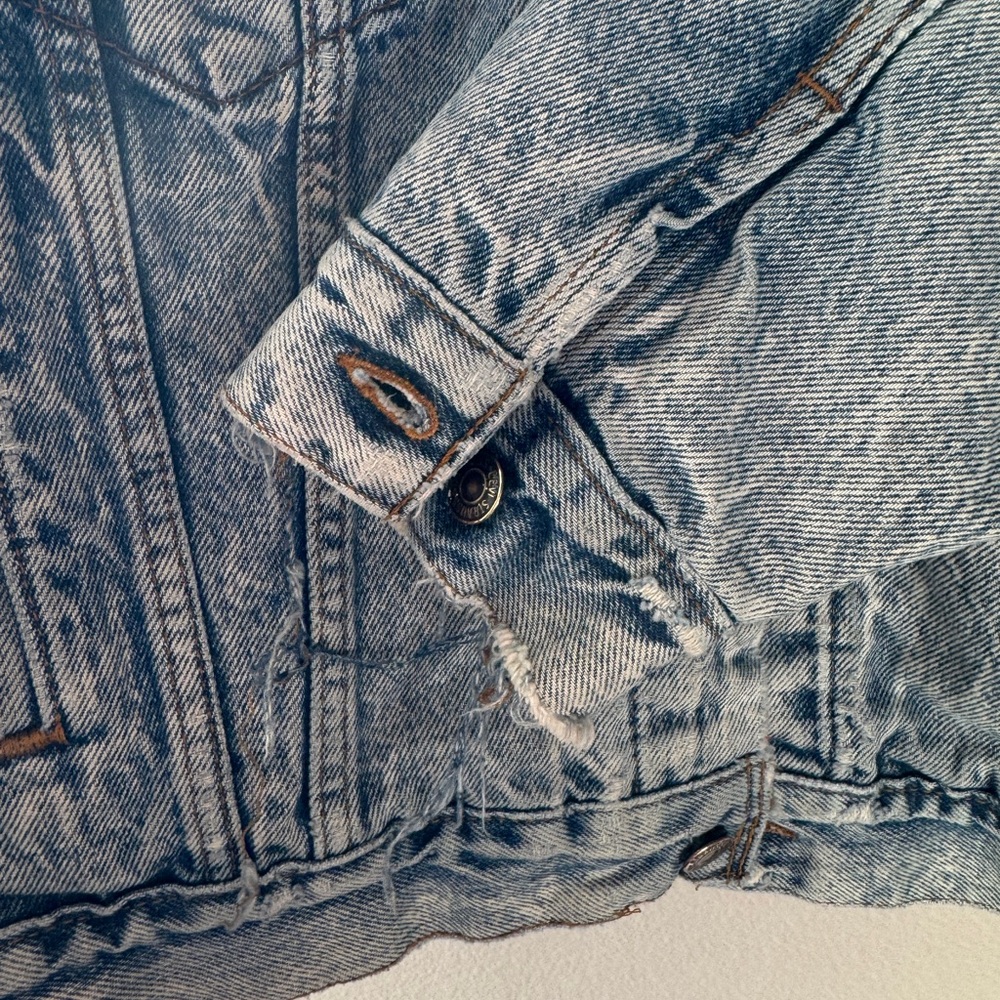 Levi's 80's Denim Trucker Jacket Distressed Men's L Flannel lined Red Plaid USA - Picture 5 of 16